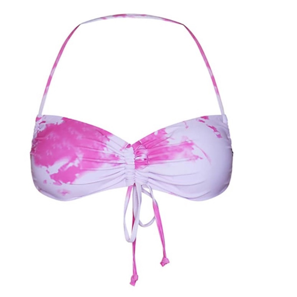 Pink & White Tie-Dye Ruched Bikini Top - Picture 2 of 5